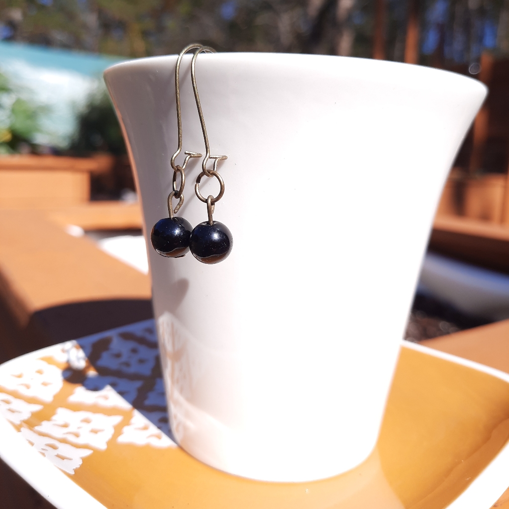Black Obsidian Stone Kidney Hook Bronze Tone Earrings 18$